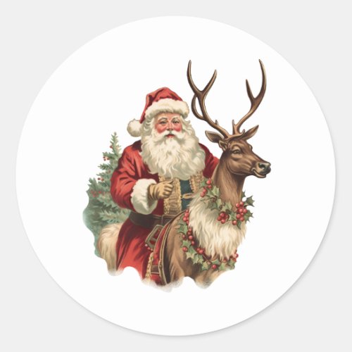 Classic Santa Claus Riding a Reindeer Christmas Classic Round Sticker