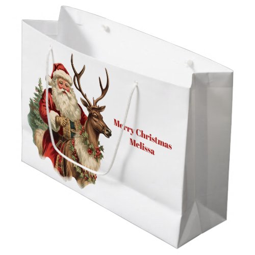 Classic Santa Claus Riding a Reindeer Christmas Large Gift Bag