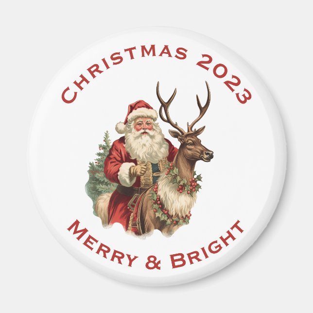 Classic Santa Claus Riding a Reindeer Christmas Magnet (Front)