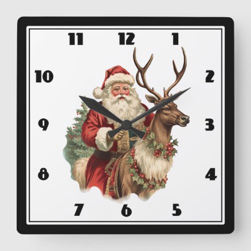 Classic Santa Claus Riding a Reindeer Christmas Square Wall Clock