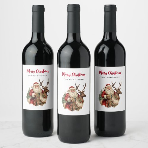Classic Santa Claus Riding a Reindeer Christmas Wine Label