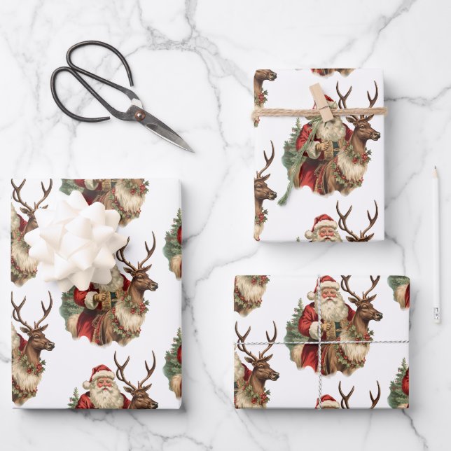 Classic Santa Claus Riding a Reindeer Christmas Wrapping Paper Sheets (Front)