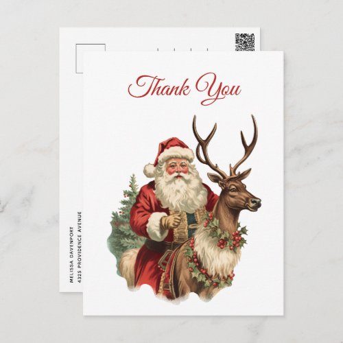 Classic Santa Claus Riding a Reindeer Thank You Postcard