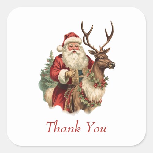 Classic Santa Claus Riding a Reindeer Thank You Square Sticker
