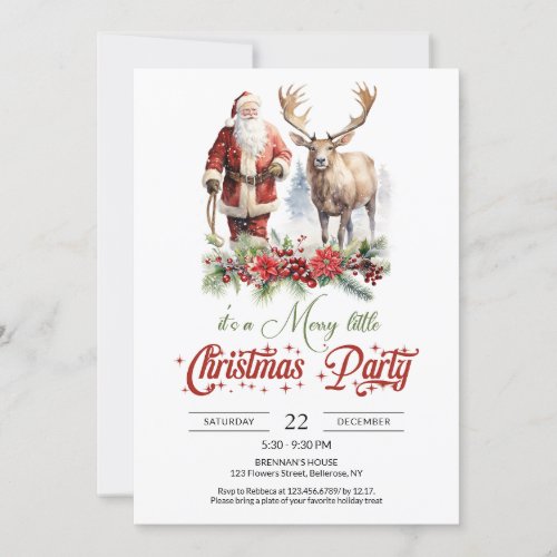 Classic Santa Claus with reindeer red holly berry Invitation