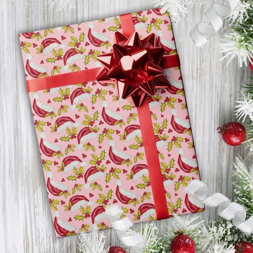 Classic Santa Hat Holly Novelty Pink Fun Christmas Wrapping Paper