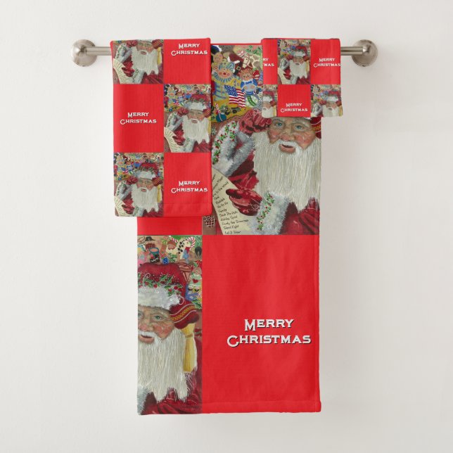 Classic Santa Red Checking It Twice Holiday Bath Towel Set (Insitu)