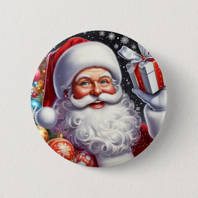 Classic Santa with present & ornaments Button (Front)