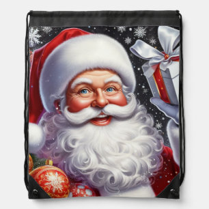 Classic Santa with present & ornaments Drawstring Bag