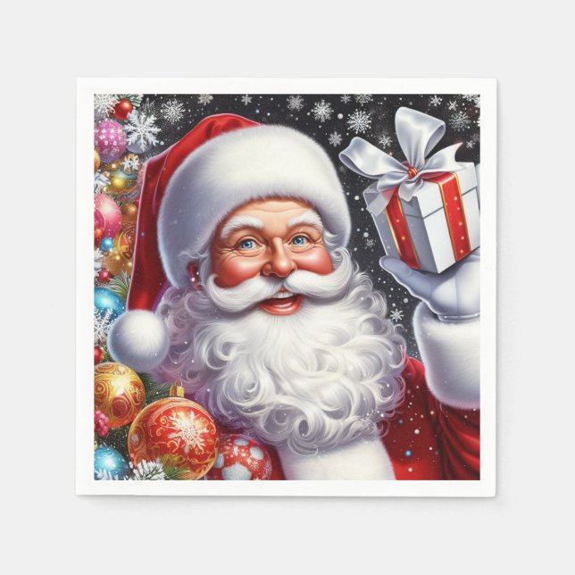 Classic Santa with present & ornaments Napkins (Front)