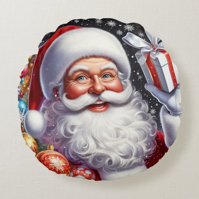 Classic Santa with present & ornaments Round Pillow (Front)