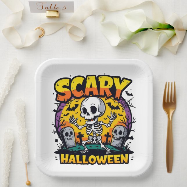Classic Scary Halloween Skeleton Paper Plates (Wedding)