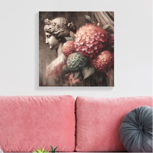 Classic Scene with gipsum statue and hydrangea Canvas Print