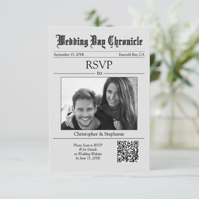 Classic Script 1 Photo QR Code Gray Newspaper RSVP Card (Standing Front)