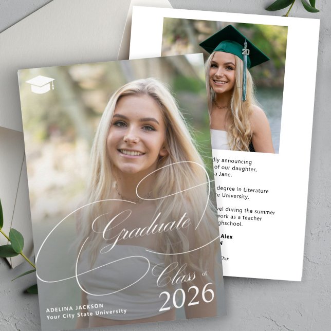 Classic script 2 photos class of 2026 graduation announcement (Creator Uploaded)