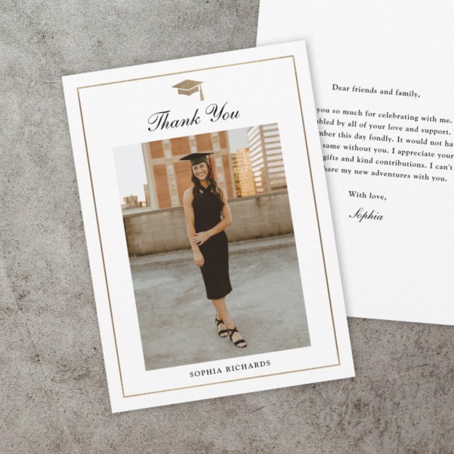 Classic Script Black and White Graduation Photo Thank You Card (Classic script black and white graduation photo thank you cards.)