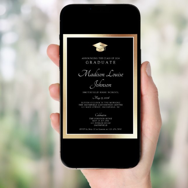 Classic Script Black & Gold Photo Graduation Invitation (Front Digital)