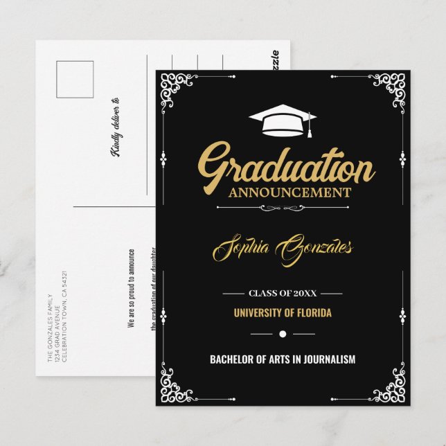 Classic Script Black Graduation Announcement Postcard (Front/Back)
