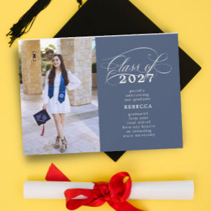 Classic Script Blue Photo Graduation Announcement