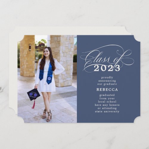 Classic Script Blue Photo Graduation Announcement