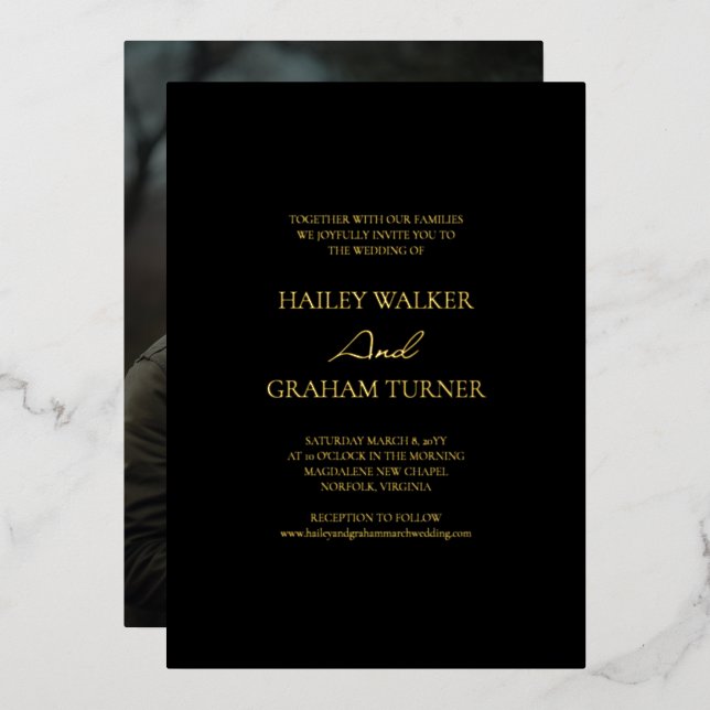 Classic Script Calligraphy Black Photo Wedding Foil Invitation (Front/Back)