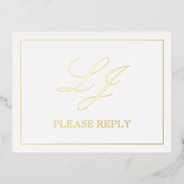 Classic Script Calligraphy Monogram Wedding RSVP Foil Invitation Postcard (Front)