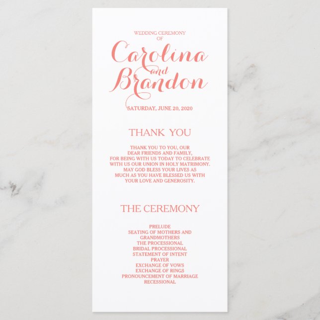 Classic Script | Coral Pink Wedding Programs (Front)