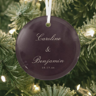 Classic Script Elegant Plum Wedding Custom Glass Ornament
