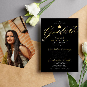 Classic Script Gold Black Photo Graduation  Invitation by invitations_kits at Zazzle