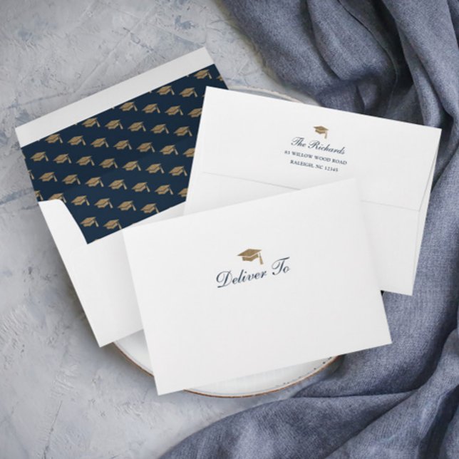 Classic Script Gold Cap Graduation Invitation Envelope (Elegant calligraphy gold and navy blue graduation invitation announcement return address envelope.)