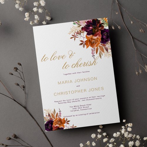 Classic script gold orange burgundy floral wedding invitation