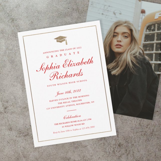 Classic Script Gold Photo Graduation Announcement (Classic Red Script With Gold Cap and Tassel Graduation Photo Invitations and Announcements.)