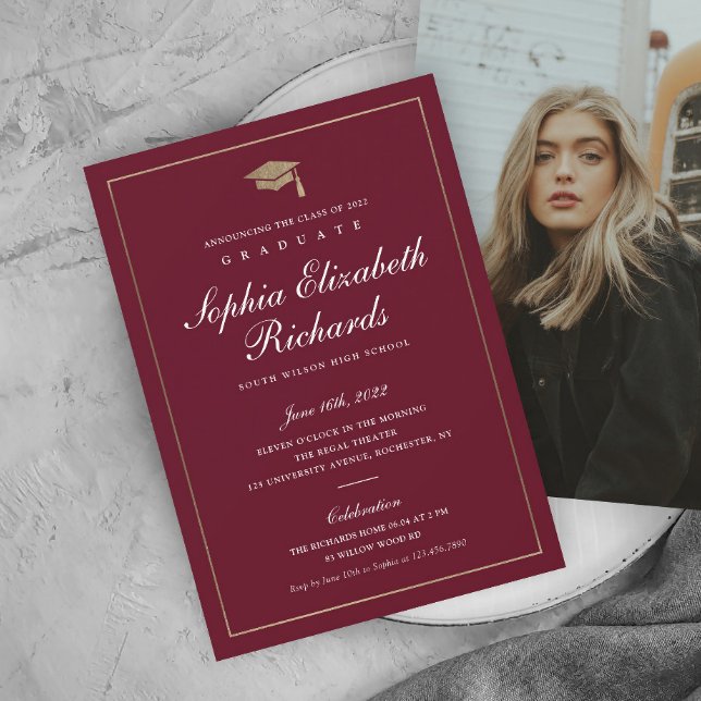 Classic Script Gold Photo Graduation Announcement (Elegant calligraphy maroon and gold photo graduation announcement.)