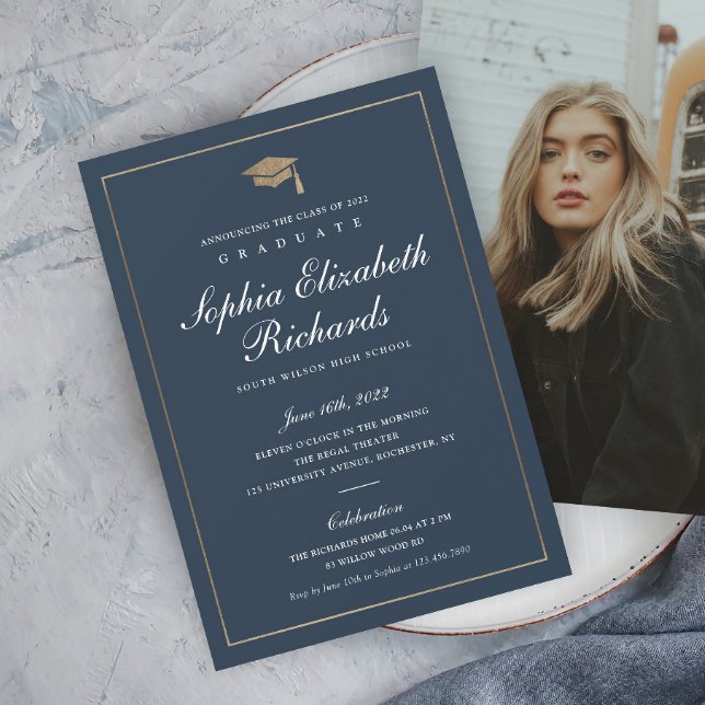 Classic Script Gold Photo Graduation Announcement (Elegant calligraphy navy blue and gold photo graduation announcement.)