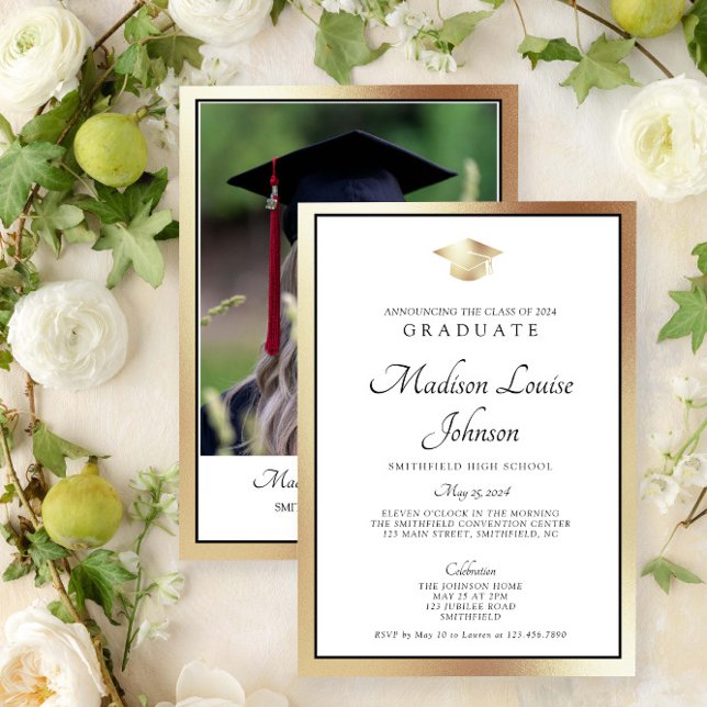 Classic Script Gold Photo Graduation Invitation (Marking Milestones with Grace. #GradSuccess)