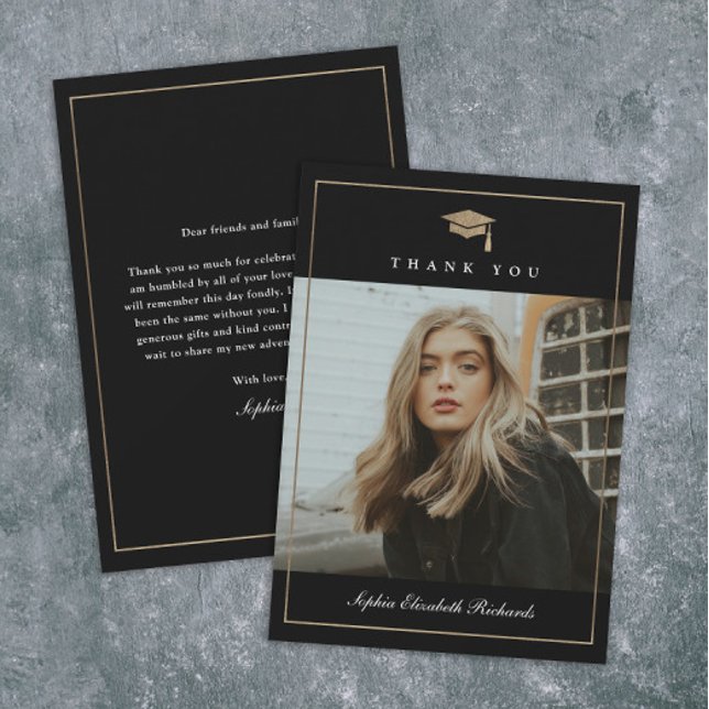 Classic Script Gold Photo Graduation Thank You Card (Elegant gold graduation cap black and white photo graduation thank you cards.)