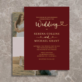 Classic Script Heart 4 Photo Burgundy Wedding Foil Invitation