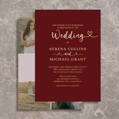 Classic Script Heart 4 Photo Burgundy Wedding Foil Invitation