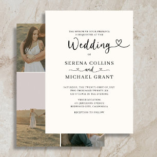 Classic Script Heart 4 Photo Burgundy Wedding Invitation