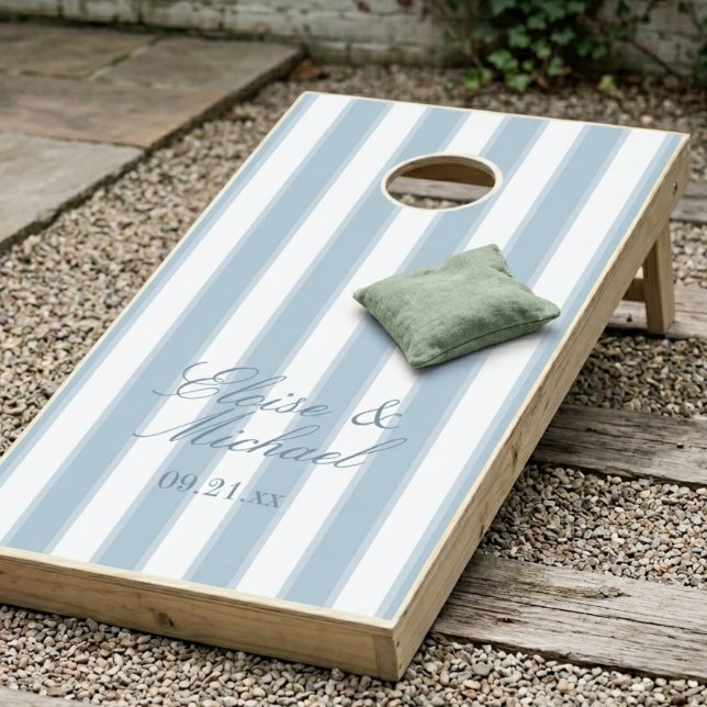 Classic Script Ivory Stripe Dusty Blue Wedding Cornhole Set (Classic Script Ivory Stripe Sage Green Wedding Cornhole Set)