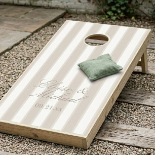 Classic Script Ivory Stripe Taupe Wedding Cornhole Set