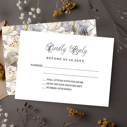 Classic script lilies wedding response RSVP Note Card