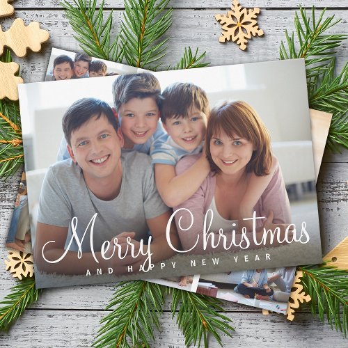 Classic Script Merry Christmas 7 Photo Collage Holiday Card