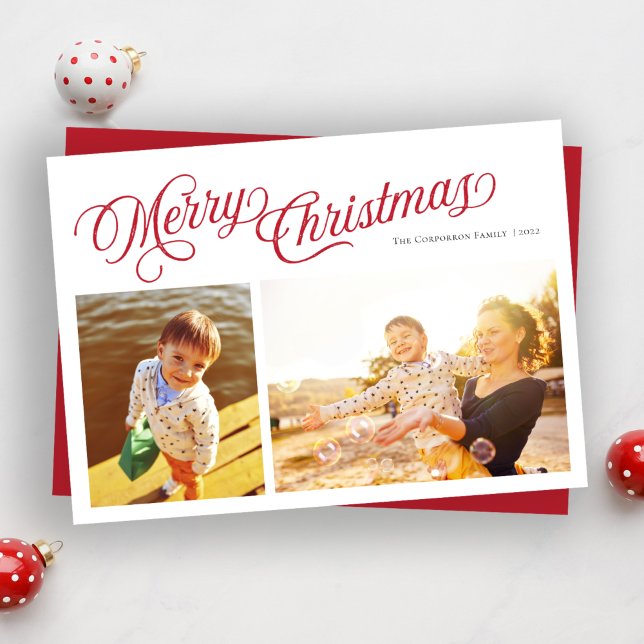 Classic Script Merry Christmas | Red 2 photo Holiday Card (Creator Uploaded)