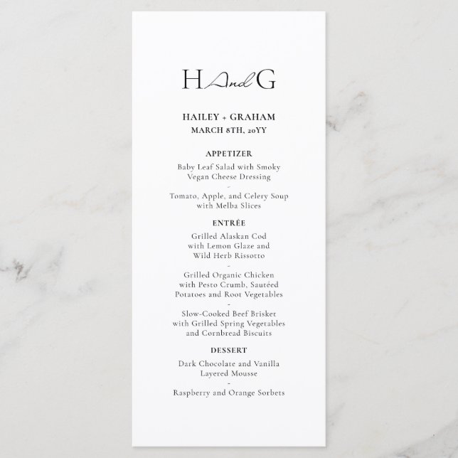 Classic Script Minimalist Monogram White Wedding Menu (Front)
