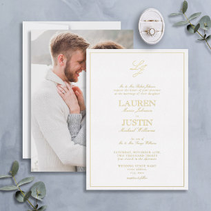 Classic Script Monogram Photo Wedding Gold Foil Invitation