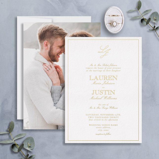 Classic Script Monogram Photo Wedding Gold Foil Invitation (Creator Uploaded)