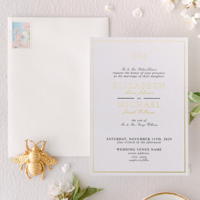 Classic Script Monogram Wedding Black & Gold Foil Foil Invitation (Creator Uploaded)