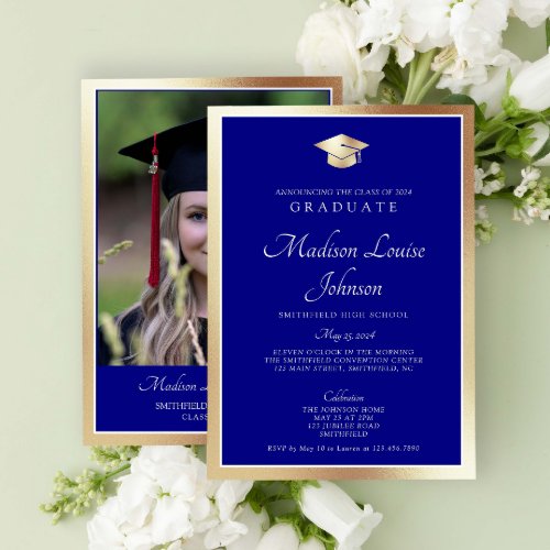 Classic Script Navy Blue  Gold Photo Graduation Invitation