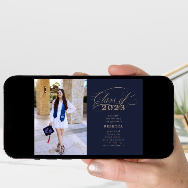 Classic Script Navy Gold Graduation Announcement (Front Digital)